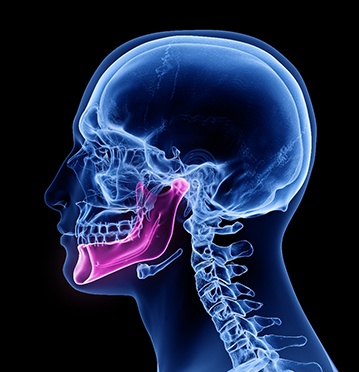 X ray of skull highlighting the lower jaw